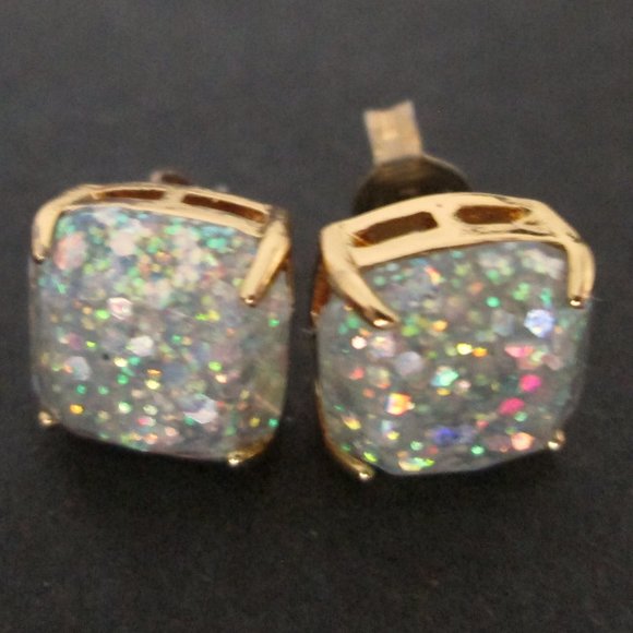 ♠ Kate Spade Opal Glitter Stud Earrings Gold Tone Square Cushion Resin Sparkly - Picture 6 of 12
